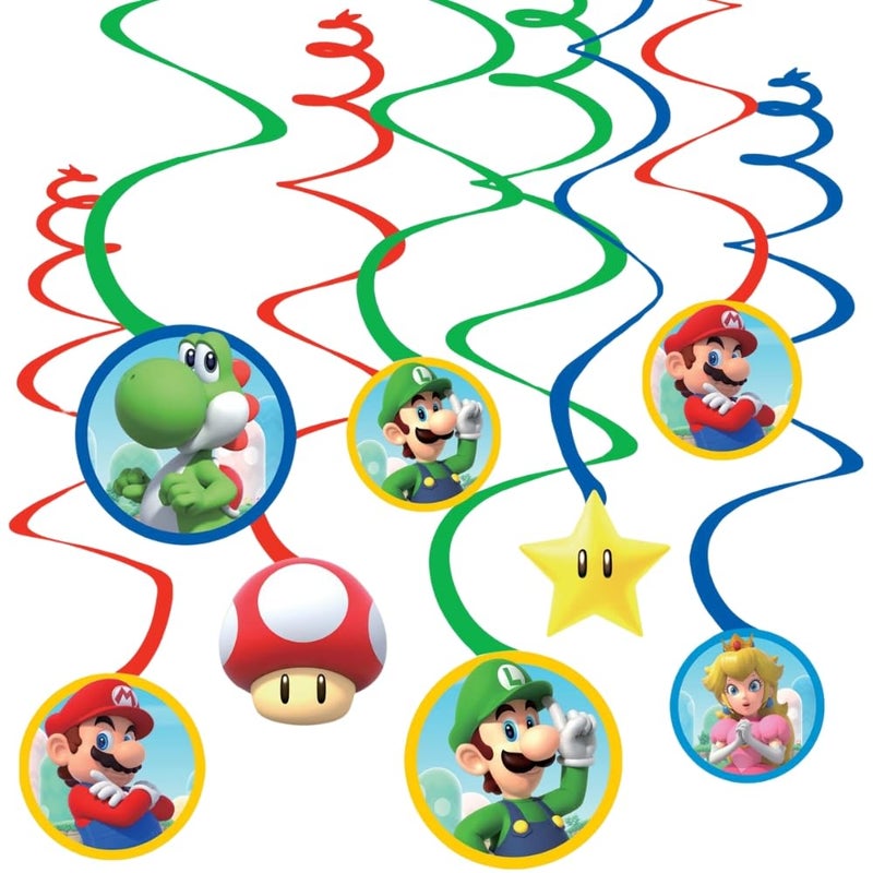 Amscan Swirl Hanging Decorations - 5" & 7" (Pack of 12) - Perfect for Themed Parties & Events, Super Mario Brothers - Image 1
