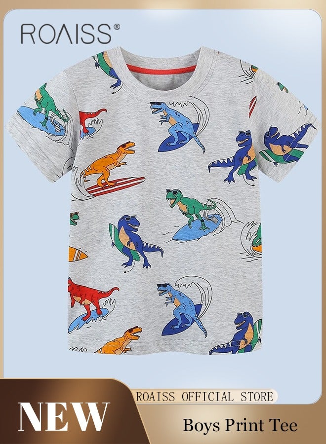roaiss Unisex Short-Sleeve Dino-Print T-Shirt for Toddler Kids Comfy Tops Cartoon T-shirt - Image 1