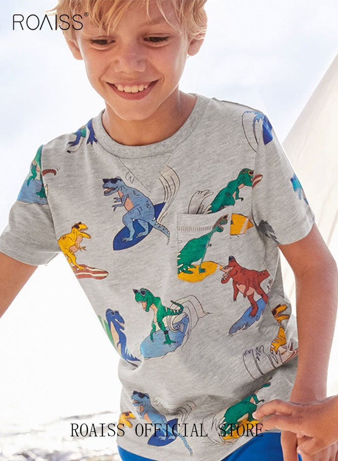 roaiss Unisex Short-Sleeve Dino-Print T-Shirt for Toddler Kids Comfy Tops Cartoon T-shirt - Image 5