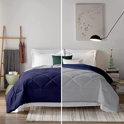 Filbert - Super Comfort Microfiber 500 GSM Reversible Winter Comforter for Double Bed Rajai/Blanket Diamond Stitch (90" x 100" Inches/228cm x 254cm) - Comforter Double Bed|Silver/Navy Blue - Image 1