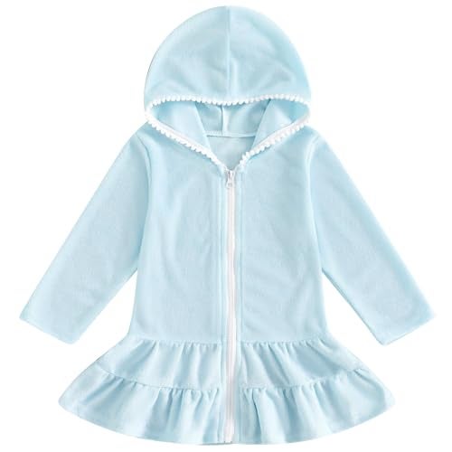 Mubineo Toddler Girl Long Sleeve Swimsuit Beach Dress Cute Cover Ups Ruffle Bathing Suit Cover Up Kimono Kids Swimwear (Blue, 2-3T) - Image 1