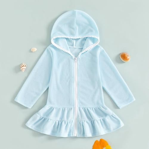 Mubineo Toddler Girl Long Sleeve Swimsuit Beach Dress Cute Cover Ups Ruffle Bathing Suit Cover Up Kimono Kids Swimwear (Blue, 2-3T) - Image 3