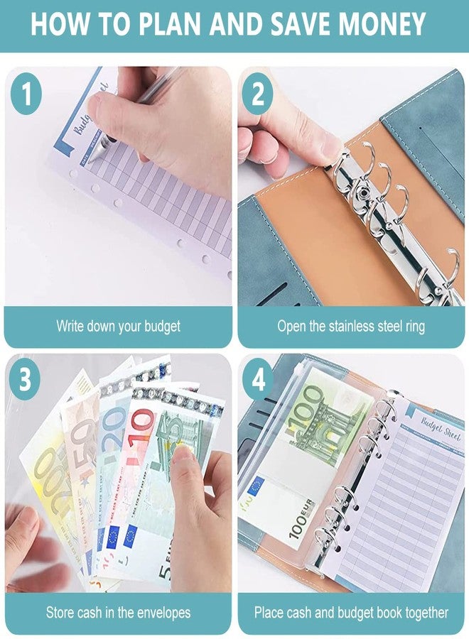 ELEPHANTBOAT® Blue File Folder Ring Binder Notebook Set,A6 PU Leather Binder Clip with 12 Envelopes,12 Budget Sheets,2 Label Stickers,1 Ruler,Ring Binder Clip Stationery Supplies - Image 3