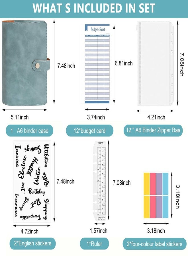 ELEPHANTBOAT® Blue File Folder Ring Binder Notebook Set,A6 PU Leather Binder Clip with 12 Envelopes,12 Budget Sheets,2 Label Stickers,1 Ruler,Ring Binder Clip Stationery Supplies - Image 2