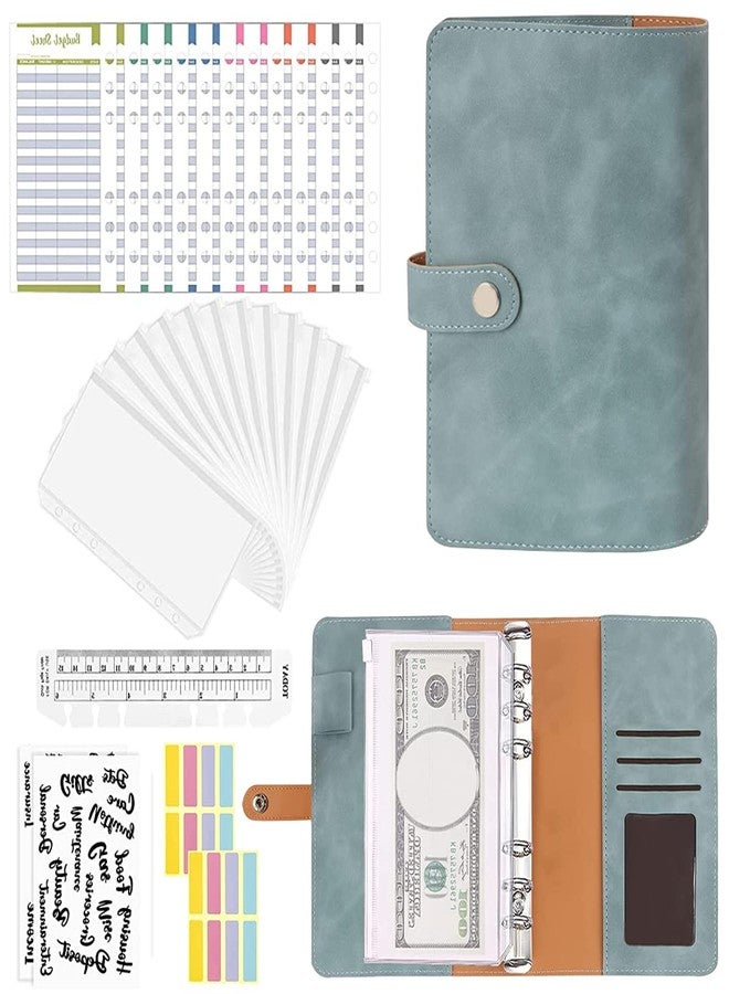 ELEPHANTBOAT® Blue File Folder Ring Binder Notebook Set,A6 PU Leather Binder Clip with 12 Envelopes,12 Budget Sheets,2 Label Stickers,1 Ruler,Ring Binder Clip Stationery Supplies - Image 1