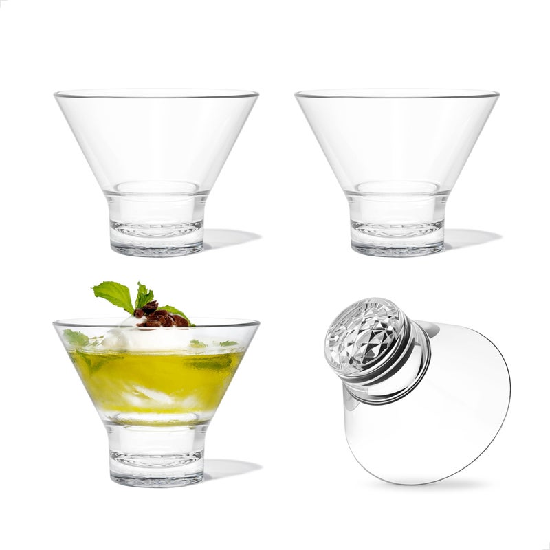 TOSSWARE RESERVE 8oz Stemless Martini Glass SET OF 4 Premium Quality Tritan Dishwasher Safe  Heat Resistant Unbreakable Plastic Cocktail Glasses Clear