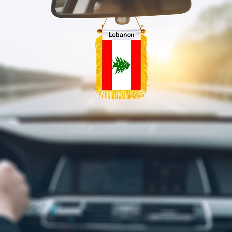 WXTWK 3 X 5 Inch Lebanon Flag Lebanese Window Hanging Flag Small Mini Car Flags Banners Rearview Mirror Decoration With Suction Cup Golden Fringy Banner - Image 5