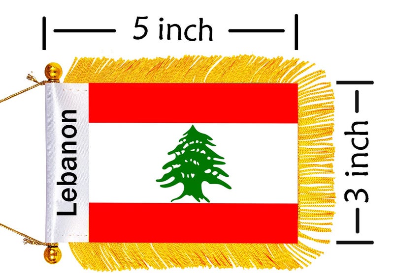 WXTWK 3 X 5 Inch Lebanon Flag Lebanese Window Hanging Flag Small Mini Car Flags Banners Rearview Mirror Decoration With Suction Cup Golden Fringy Banner - Image 2
