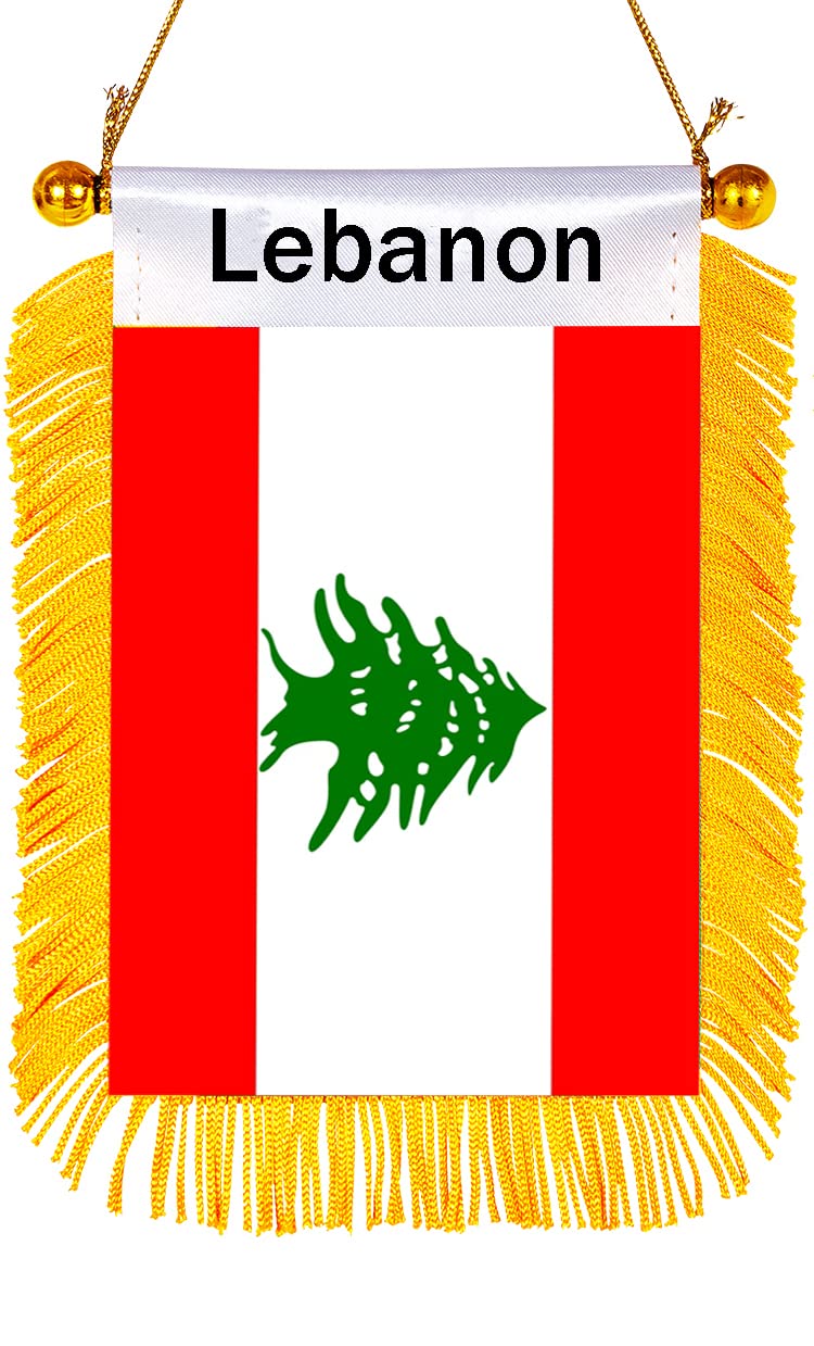 WXTWK 3 X 5 Inch Lebanon Flag Lebanese Window Hanging Flag Small Mini Car Flags Banners Rearview Mirror Decoration With Suction Cup Golden Fringy Banner - Image 1