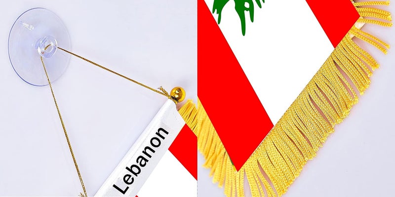WXTWK 3 X 5 Inch Lebanon Flag Lebanese Window Hanging Flag Small Mini Car Flags Banners Rearview Mirror Decoration With Suction Cup Golden Fringy Banner - Image 3