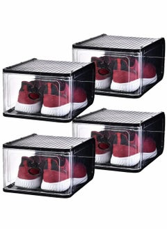 HomarKet 4 Pack Foldable Stackable Plastic Shoe Box Clear Acrylic Containers and Organizer with Pull Ring Opening Door Can Fully Transparent for Display Sneakers  - Image 2