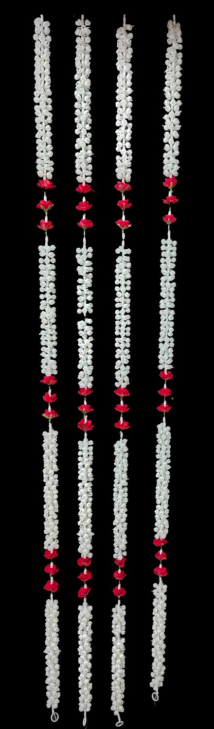 3A FEATURETAIL 5ft Artificial Mogra Jasmine with Red Flower Garland String, Mogra Toran for Decoration (5Ft Length 4pc Set, Mogra Ladi Plain) - Image 1