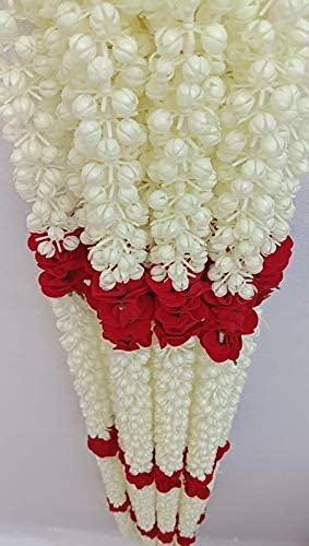 3A FEATURETAIL 5ft Artificial Mogra Jasmine with Red Flower Garland String, Mogra Toran for Decoration (5Ft Length 4pc Set, Mogra Ladi Plain) - Image 2