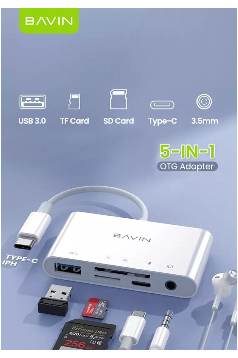 Bavin 5 in 1 Type C Multi-Function High Speed 3.0 Card Reader Compatible with USB, Audio, SD, TF Card - Image 2