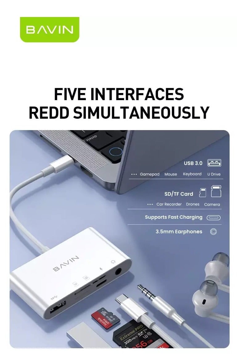 Bavin 5 in 1 Type C Multi-Function High Speed 3.0 Card Reader Compatible with USB, Audio, SD, TF Card - Image 3
