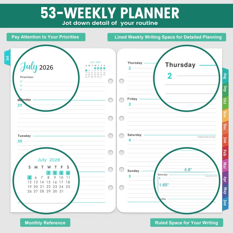 Journaltastic 2026-2027 Planner Refills - 7-Hole Punched Planner Refills 2026-2027 with Colorful Tabs, JUL 2026 - JUN 2027, 5.5" x 8.5", A5 Planner Inserts, 26-27 Weekly and Monthly Planner Refill with Monthly Pages & Weekly Pages - Dopamine Color - Image 4