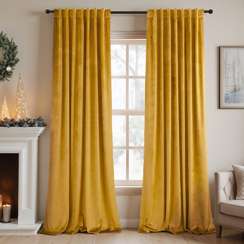 Pitalk Mustard Yellow Gold Velvet Curtain 84 Inch Long 2 Panel for Living Room Darkening Light Blocking Heat Resistant Warm Fall Drape for Patio Sliding Door French Window Vintage 52x84 Floor Length Back Tab - Image 1
