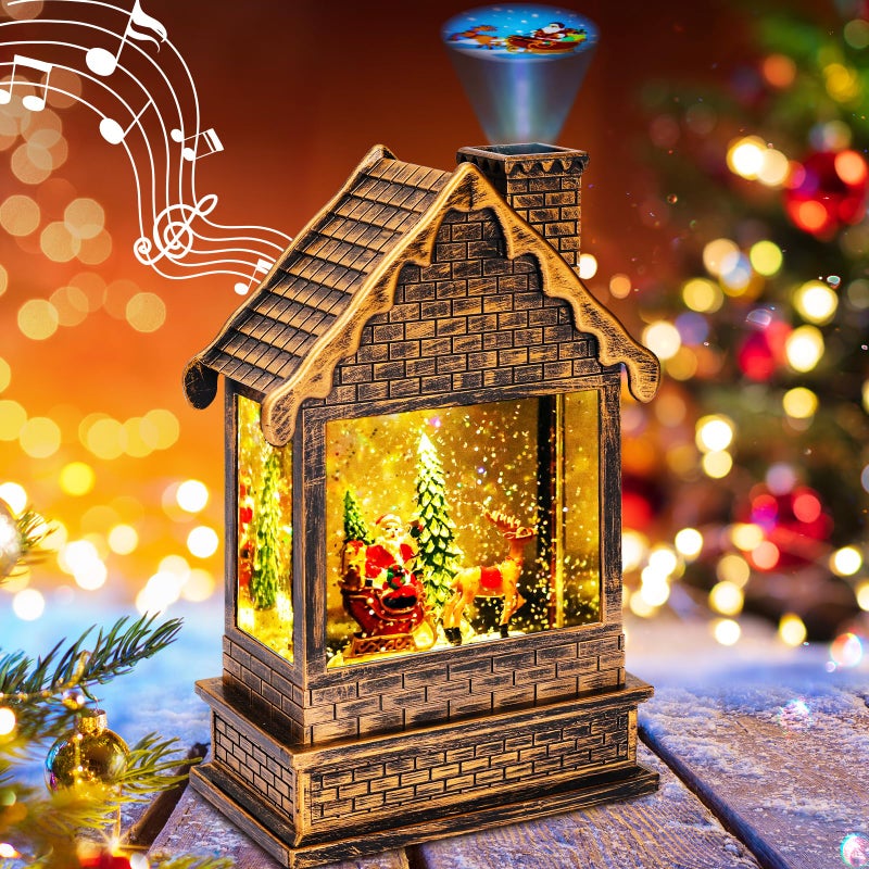 Garma Lighted Christmas Snow Globes Musical Lantern with Timer Train Water Lanterns Snowing Glittering Battery Operated Christmas Santa Claus Musical Lighted Christmas Home Dcor House Lantern