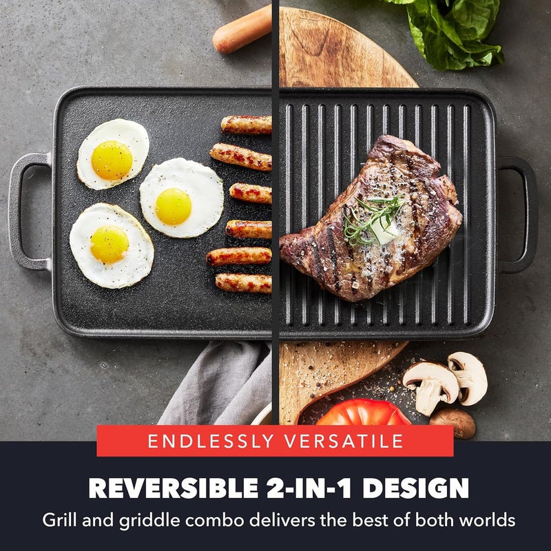 Greenpan x Bobby Flay Cast Iron Pre-Seasoned 16.5 x 9.5” Reversible Double Burner Griddle, Rectangular Grill, Helper Handles, Induction, Versatile Stovetop Oven BBQ & Fire, Indoor & Outdoor Use, Black - Image 3
