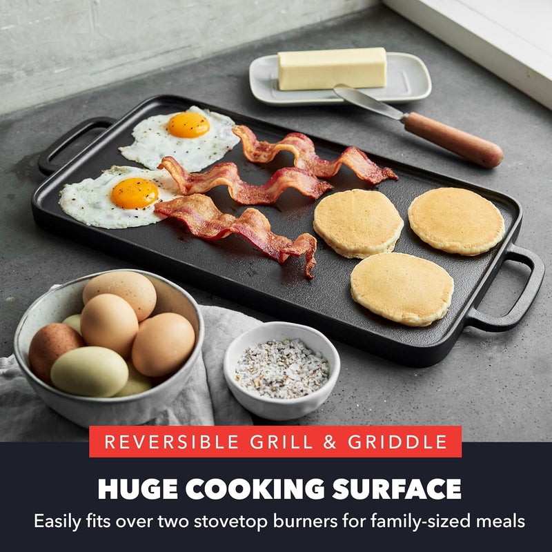 Greenpan x Bobby Flay Cast Iron Pre-Seasoned 16.5 x 9.5” Reversible Double Burner Griddle, Rectangular Grill, Helper Handles, Induction, Versatile Stovetop Oven BBQ & Fire, Indoor & Outdoor Use, Black - Image 5