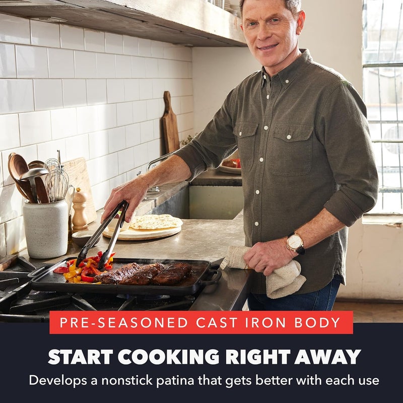 Greenpan x Bobby Flay Cast Iron Pre-Seasoned 16.5 x 9.5” Reversible Double Burner Griddle, Rectangular Grill, Helper Handles, Induction, Versatile Stovetop Oven BBQ & Fire, Indoor & Outdoor Use, Black - Image 2