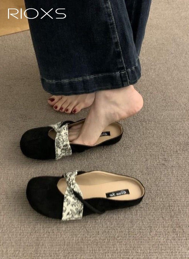 ريوكس أحذية ميول نسائية، أحذية فلات نسائية من الجلد السويدي سهلة الارتداء ومغلقة الأصابع، أحذية فلات مريحة وأنيقة بمقدمة مستديرة مكشوفة الظهر، أحذية فلات كاجوال سهلة الارتداء، مناسبة للسفر والتنقل، باللون الأسود. - Image 2