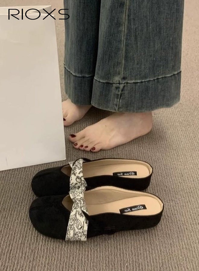 ريوكس أحذية ميول نسائية، أحذية فلات نسائية من الجلد السويدي سهلة الارتداء ومغلقة الأصابع، أحذية فلات مريحة وأنيقة بمقدمة مستديرة مكشوفة الظهر، أحذية فلات كاجوال سهلة الارتداء، مناسبة للسفر والتنقل، باللون الأسود. - Image 1