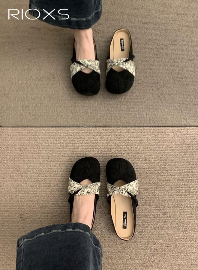 ريوكس أحذية ميول نسائية، أحذية فلات نسائية من الجلد السويدي سهلة الارتداء ومغلقة الأصابع، أحذية فلات مريحة وأنيقة بمقدمة مستديرة مكشوفة الظهر، أحذية فلات كاجوال سهلة الارتداء، مناسبة للسفر والتنقل، باللون الأسود. - Image 5