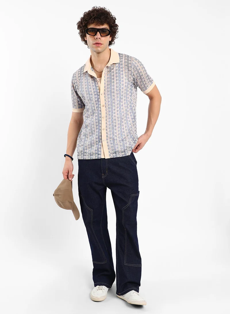 كامبوس سوترا Men's Powder Blue Ditsy Floral Knit Shirt