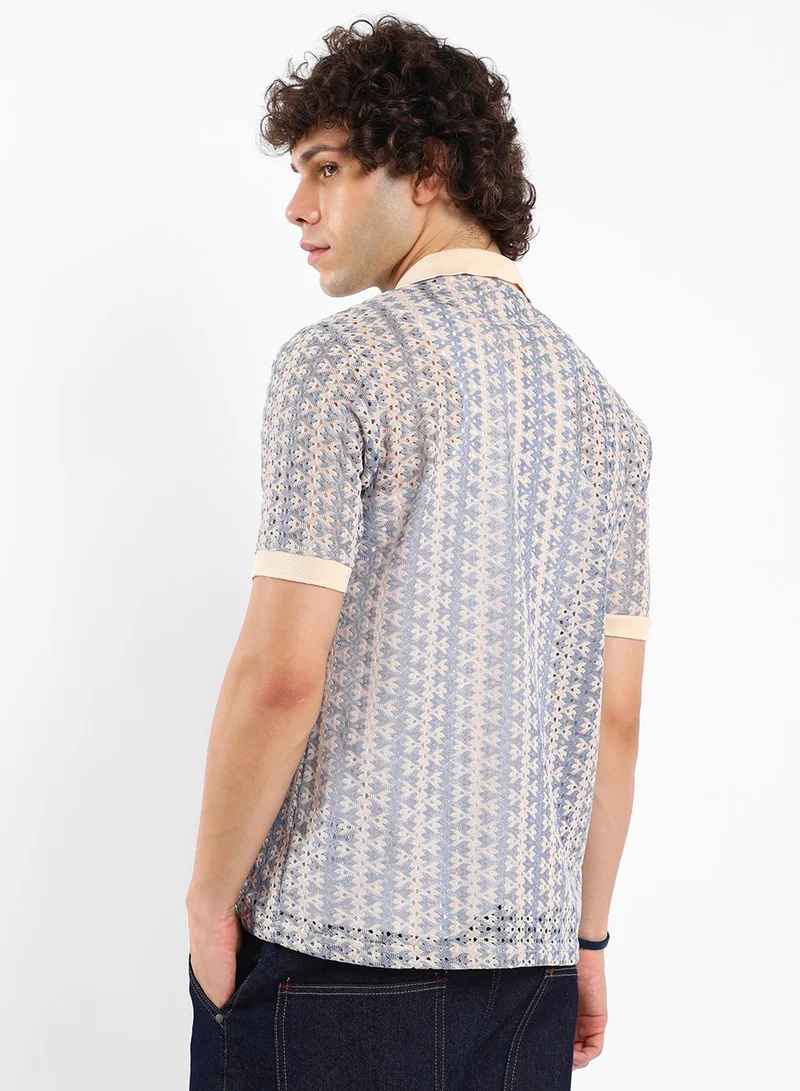 كامبوس سوترا Men's Powder Blue Ditsy Floral Knit Shirt