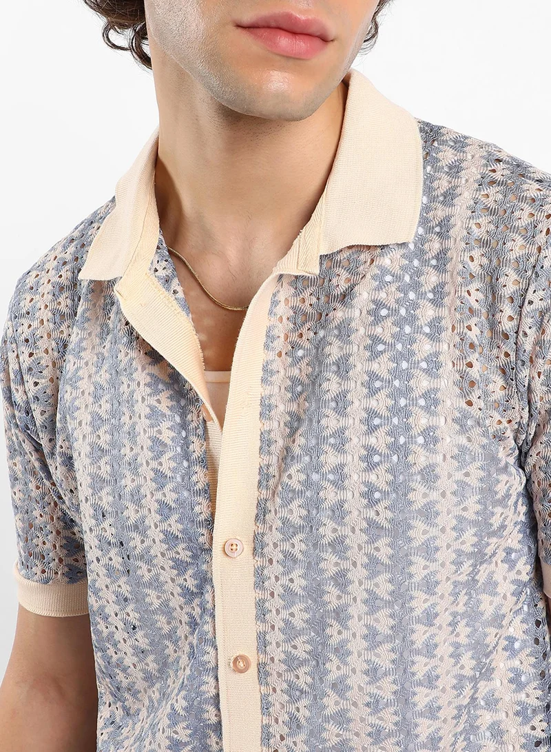 كامبوس سوترا Men's Powder Blue Ditsy Floral Knit Shirt