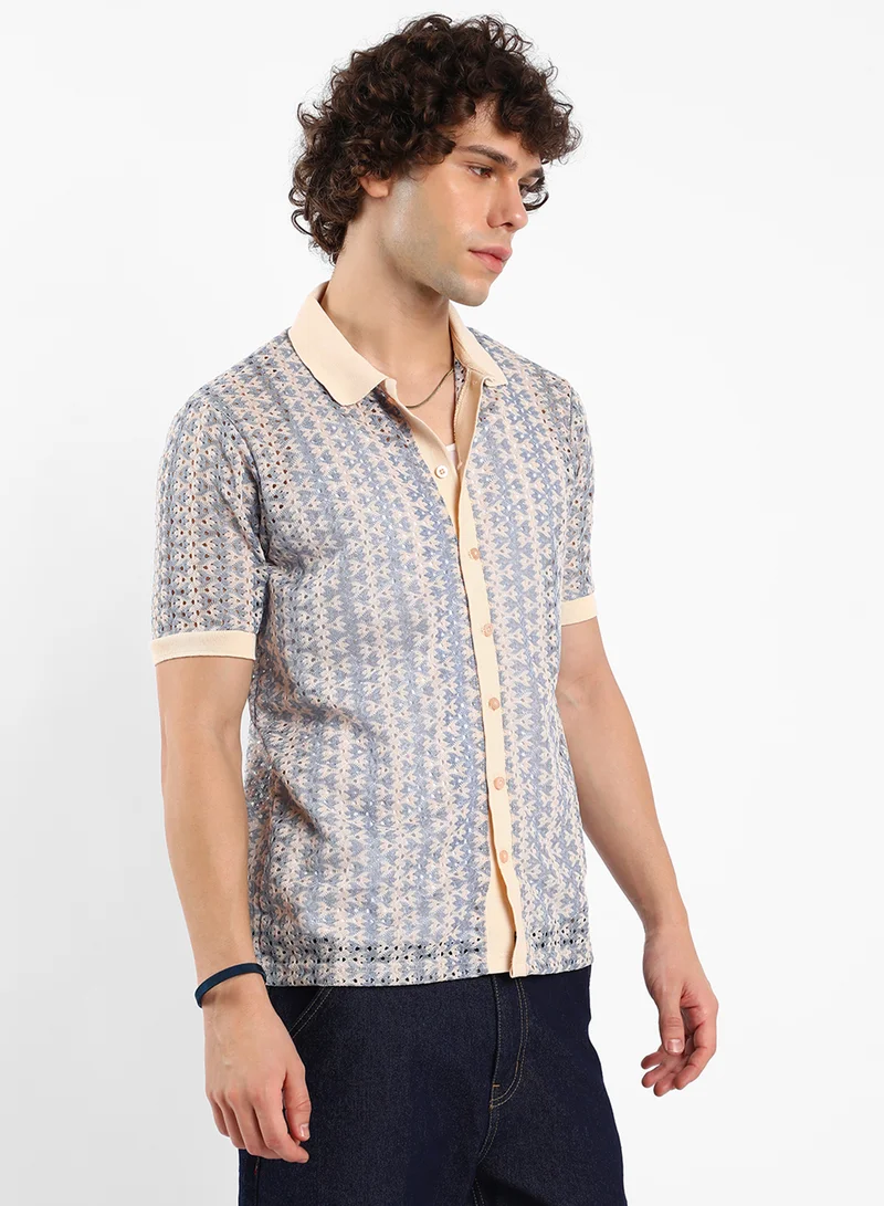 كامبوس سوترا Men's Powder Blue Ditsy Floral Knit Shirt