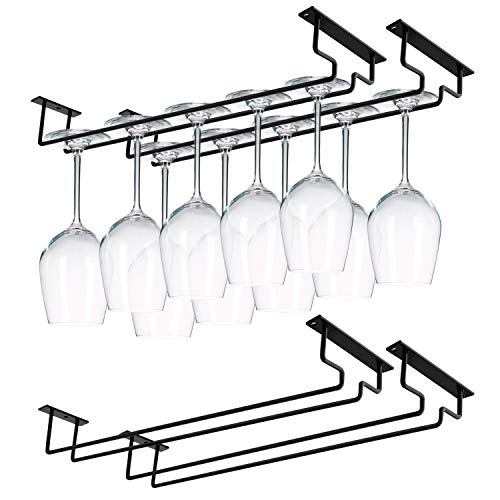 MOCOUM 15.6" Wine Glass Rack Under Cabinet - 4 Pack Stemware Holder, Holds Up To 10 Glasses, Wire Storage Hanger for Kitchen Bar (Black) - Image 1