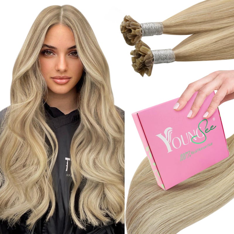 YoungSee U Tip Hair Extensions Golden Blonde Highlight Medium Blonde Human Hair Utips Extensions Blonde Human Hair U Tip Extensions Blonde Ktip Human Hair Extensions Utip Extensions 20In 1GS 50G
