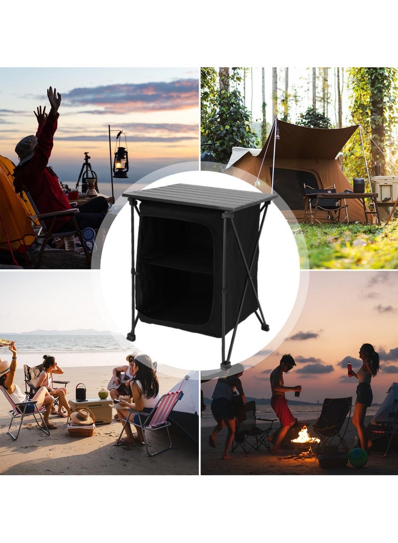 XiuWoo Folding Camping Storage Cabinet Cooking Table Easy Set Up Lightweight 2 Tier Storage Organizer for BBQ Kitchen Picnic Outdoor, Black - Image 3