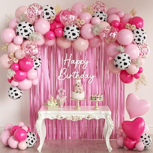 MEBAY 157Pcs Pink Cow Print Balloons Garland Arch Kit with Pink Fringe Curtain for Cowgirl Baby Shower First Rodeo Farm Wedding Birthday Party Decorations - Image 1