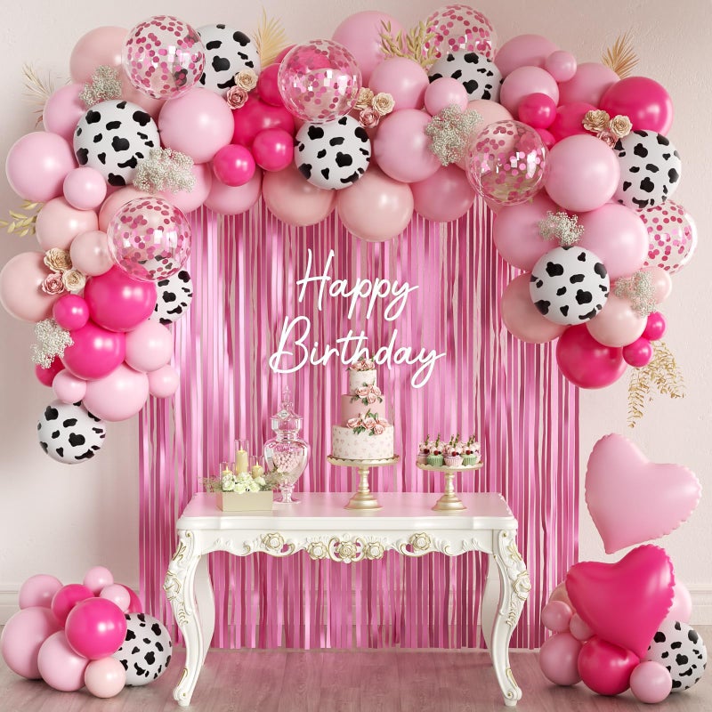 MEBAY 157Pcs Pink Cow Print Balloons Garland Arch Kit with Pink Fringe Curtain for Cowgirl Baby Shower First Rodeo Farm Wedding Birthday Party Decorations - Image 3