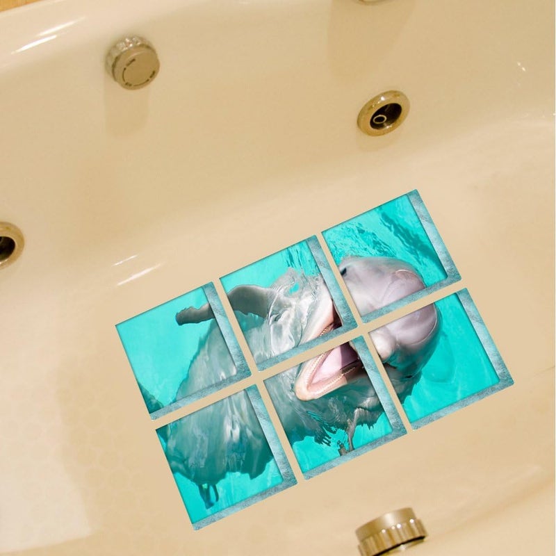 ChezMax Bath Treads Stickers Dolphin Pattern Square 3D Adhesive Anti Slip Tub Tattoos Safety Decals Mat Waterproof Shower Tub Sticker Bathtub Appliques for Bath Pools Home Decor 6 Pcs 5.9" X 5.9" - Image 2
