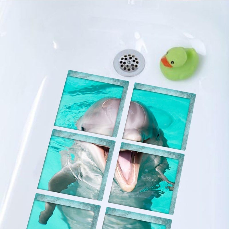 ChezMax Bath Treads Stickers Dolphin Pattern Square 3D Adhesive Anti Slip Tub Tattoos Safety Decals Mat Waterproof Shower Tub Sticker Bathtub Appliques for Bath Pools Home Decor 6 Pcs 5.9" X 5.9" - Image 4