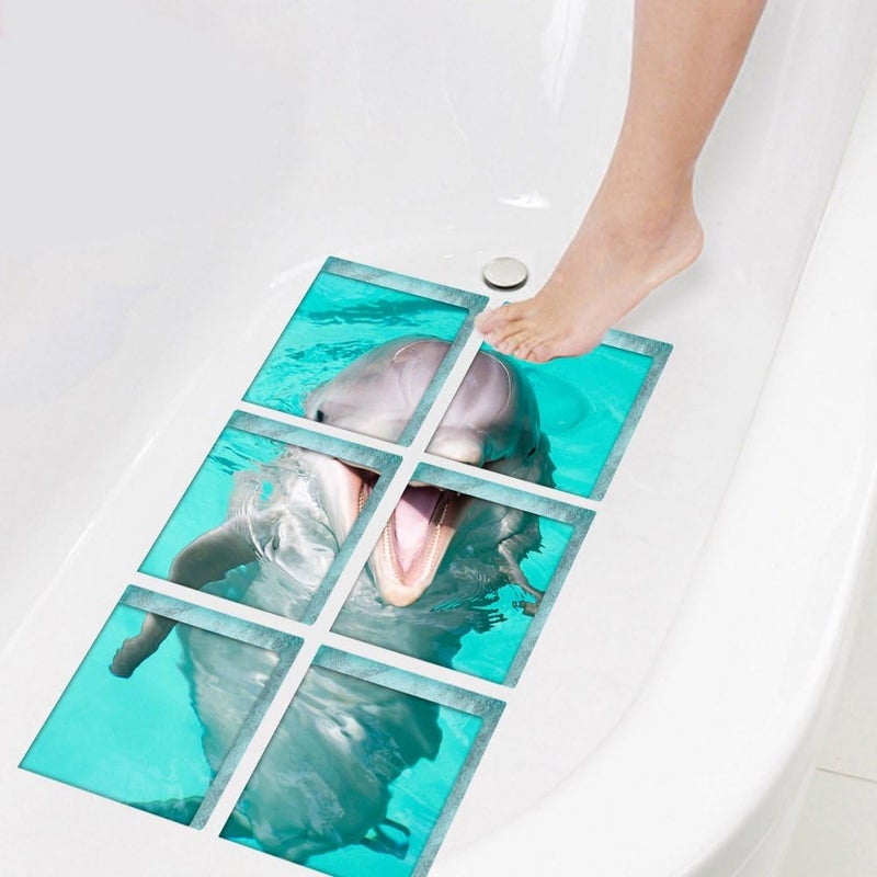 ChezMax Bath Treads Stickers Dolphin Pattern Square 3D Adhesive Anti Slip Tub Tattoos Safety Decals Mat Waterproof Shower Tub Sticker Bathtub Appliques for Bath Pools Home Decor 6 Pcs 5.9" X 5.9" - Image 1