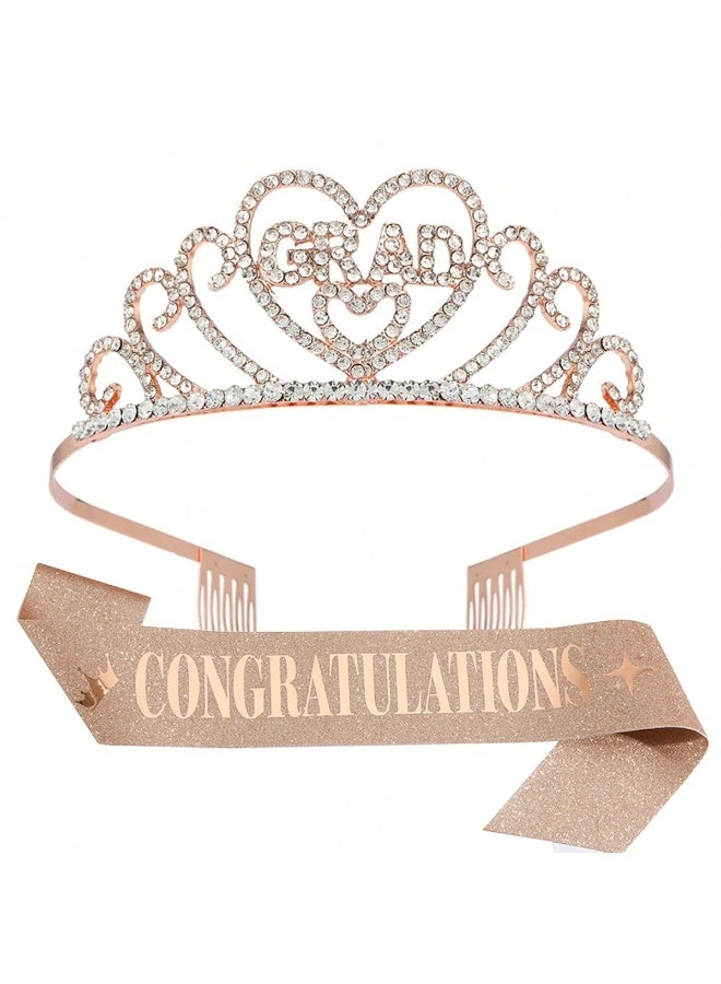 Graduation Decoration Set – Rose Gold Tiara & Graduation Sash with Sparkling Crystal Design, Elegant Accessories for a Luxurious Graduation Look & Celebration - Image 1