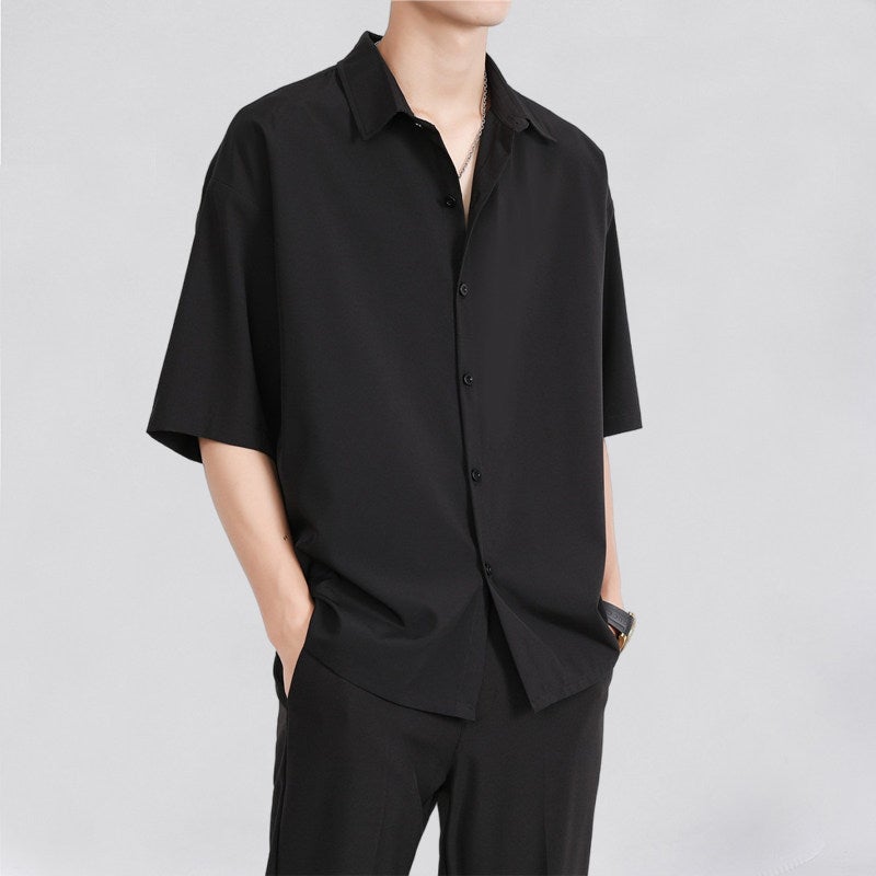 Ice silk shirt men's short-sleeved summer fashion brand men's casual jacket high-end sense of rogue handsome five-point sleeve black shirt - Image 2