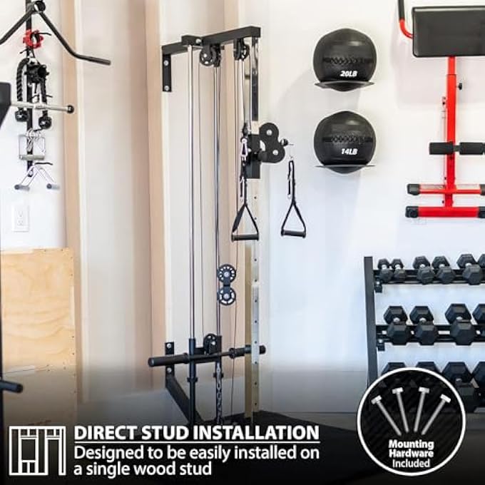 rayihni Wall Mounted Lat Pulley System – Strength Training Cable Machine Tower For Home Gym, Fits 1” & 2” Plates, With 2 Nylon Handles & Universal Attachment Points - Image 3