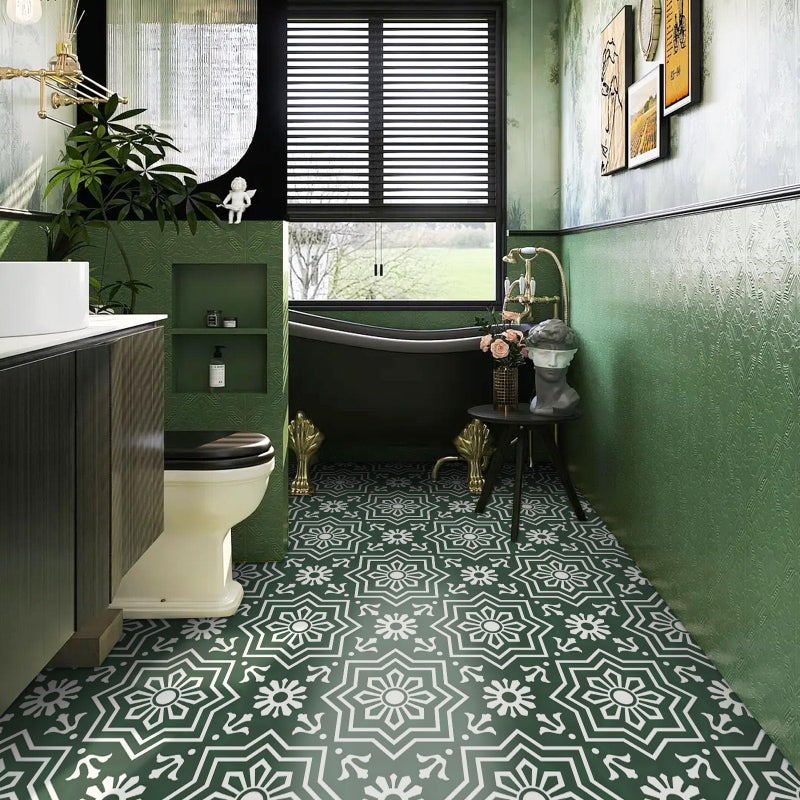 MORCART 20 Pack Peel and Stick Floor Tile 787x 787 Vinyl Flooring Removable DIY Flooring for Bathroom Kitchen Fireplace Stairs Bedrooms Wall Pantry Room Waterproof Dark Green