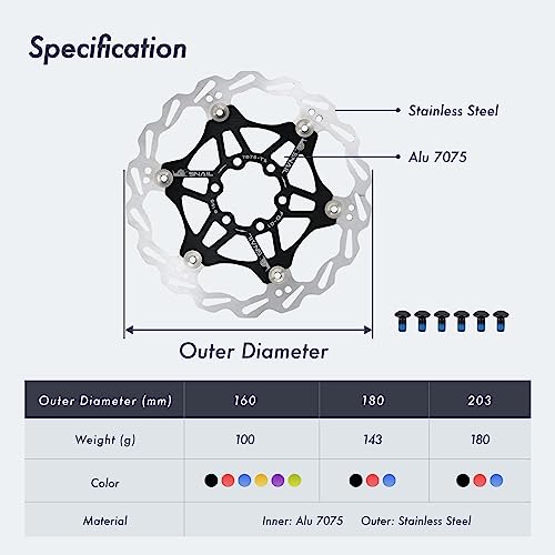 DJC Components DJC Bike Brake Disc Rotor MTB Floating Brake Disc 160mm 180mm 203mm with 6 bolts Road Bike MTB BMX Steel Aluminum Brake Disc (4# golden, 160mm) - Image 2