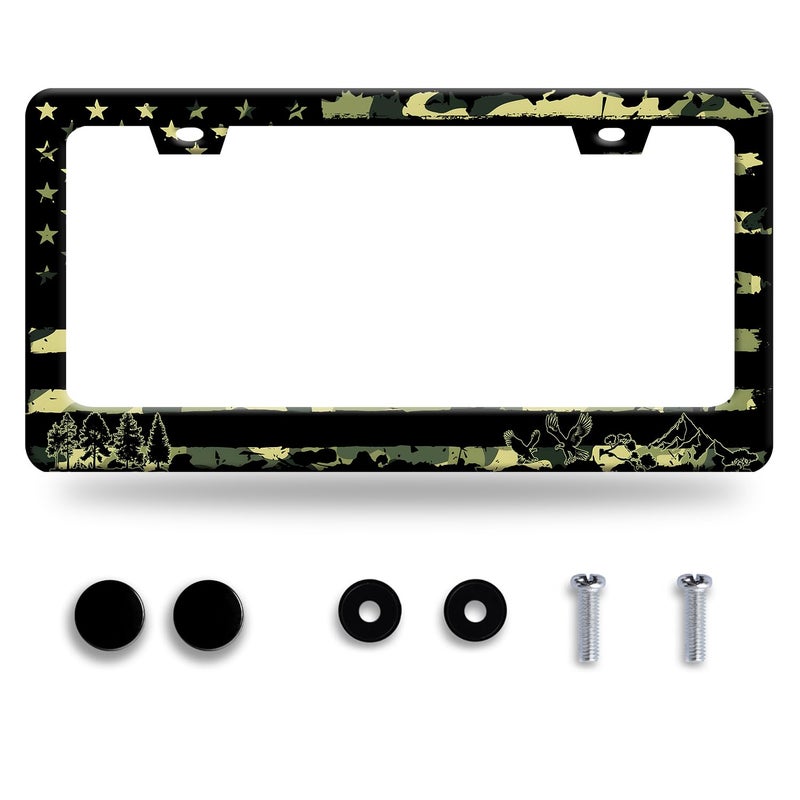 Omw2fyb Personalise American Flag Camouflage License Plate Frame Eagle Forest License Plate Holder Funny Car Stainless Steel Accessories Cars Decor with Screws Fits Standard Us Vehicles Size 122 X 6 Inch - Image 3