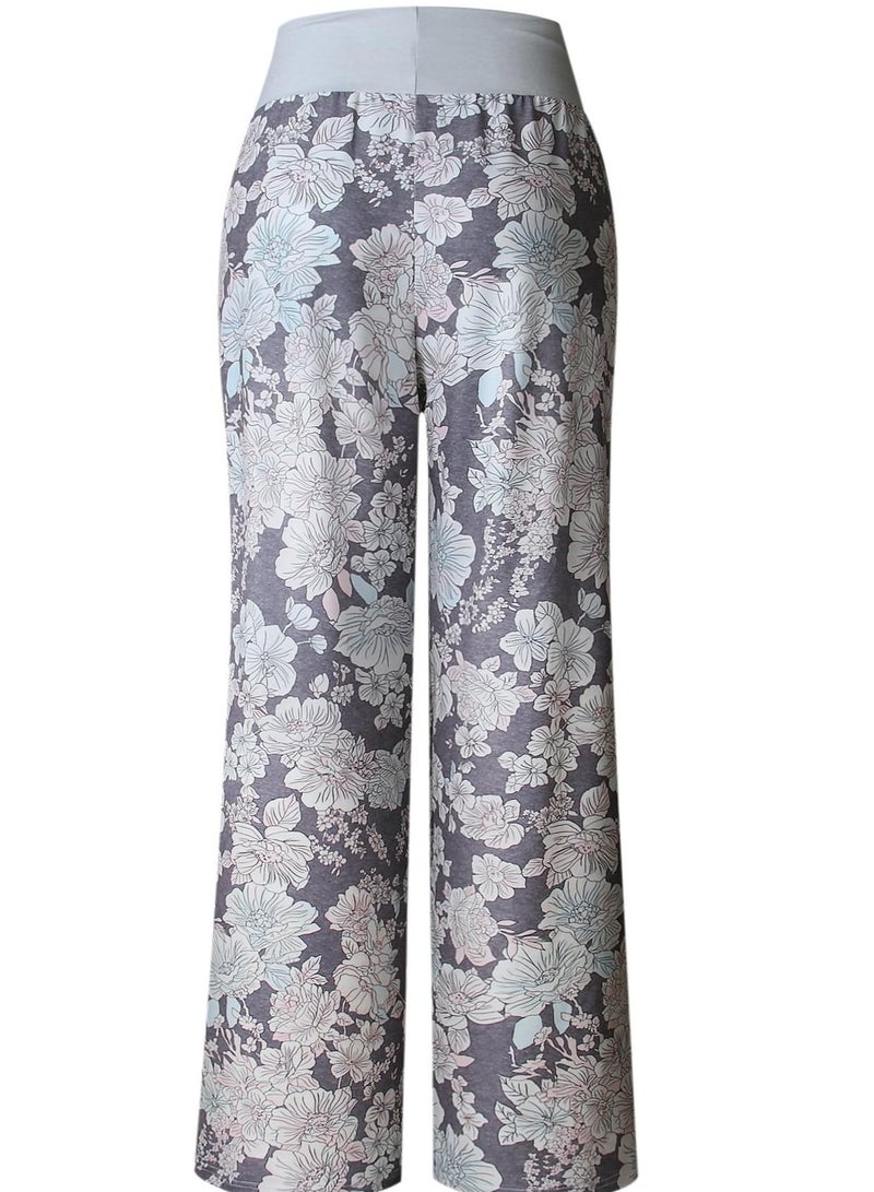 iChunhua Women's Comfy Stretch Floral Print Drawstring Palazzo Wide Leg Lounge Pant  - Image 2