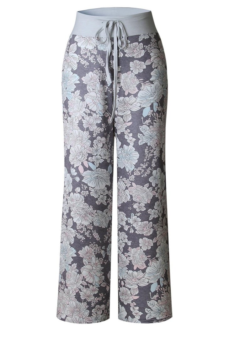 iChunhua Women's Comfy Stretch Floral Print Drawstring Palazzo Wide Leg Lounge Pant  - Image 3