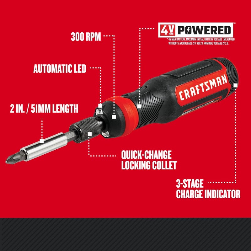 CRAFTSMAN 4V Electric Screwdriver Set 300 RPM MicroUSB Charging Port 3Stage Battery Charge Indicator CMHT66718B20 - Image 2