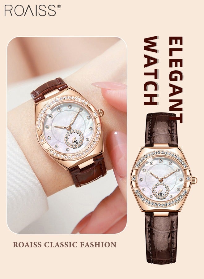 رويس ساعة كوارتز أنيقة للنساء بحزام من الجلد، وشاشة عرض تناظرية وقرص على شكل برميل مع زخرفة من الزركون، ساعة يد فاخرة مضيئة ومقاومة للماء، كهدية للسيدات - Image 1